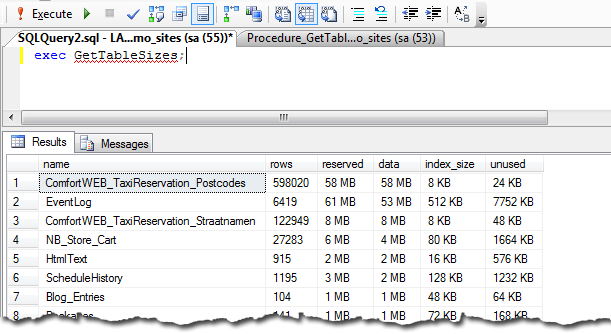 Microsoft SQL database Studio: exec GetTableSizes